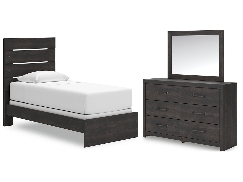 Hollivern Dark Gray Twin Panel Bed, Dresser and Mirror