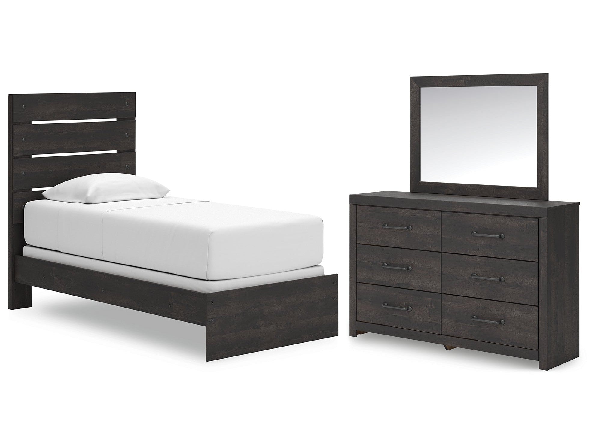 Hollivern Dark Gray Twin Panel Bed, Dresser and Mirror