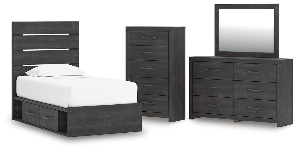 Hollivern Twin Panel Storage Bed, Dresser, Mirror and Chest, Dark Gray