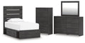 Hollivern Twin Panel Storage Bed, Dresser, Mirror and Chest, Dark Gray
