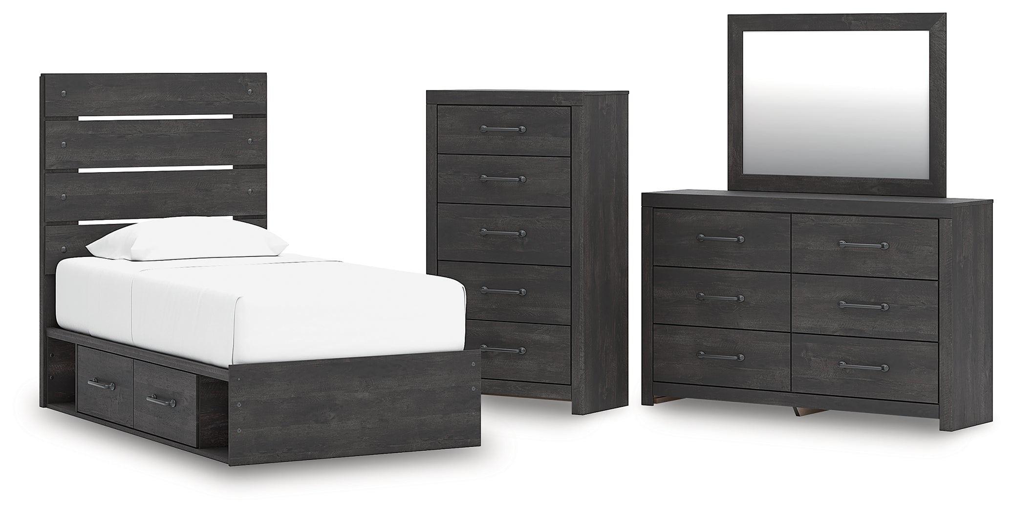 Hollivern Twin Panel Storage Bed, Dresser, Mirror and Chest, Dark Gray