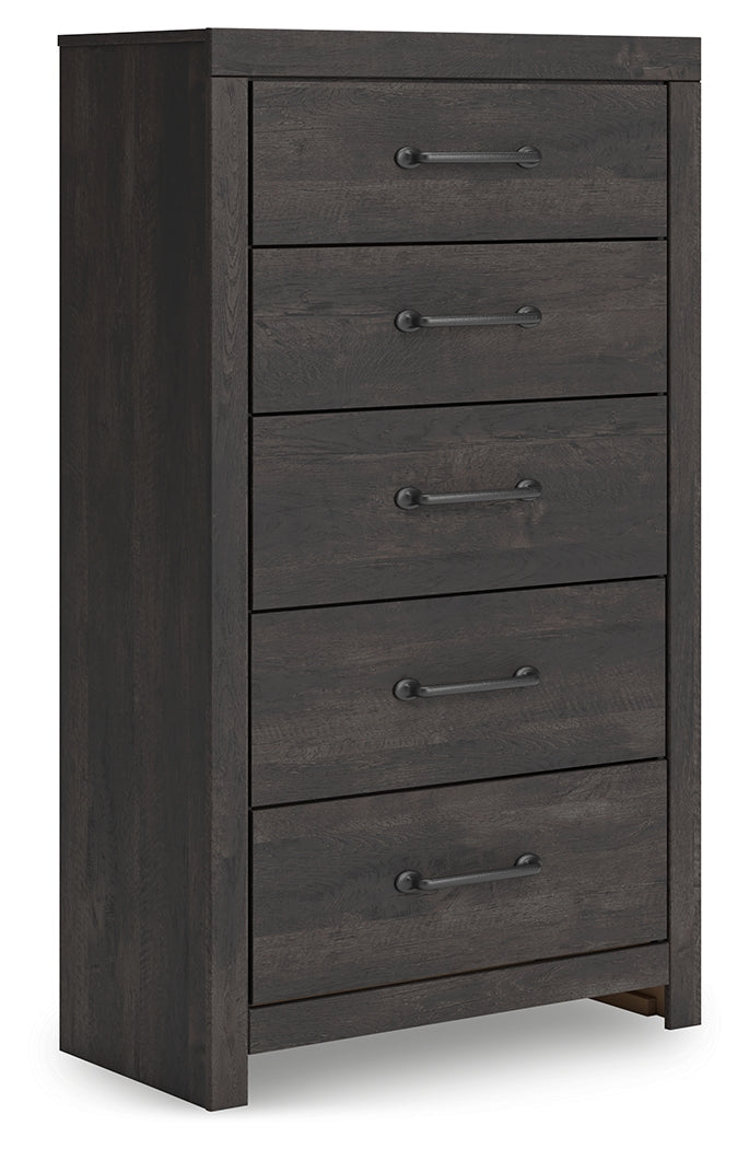 Hollivern Twin Panel Storage Bed, Dresser, Mirror and Chest, Dark Gray
