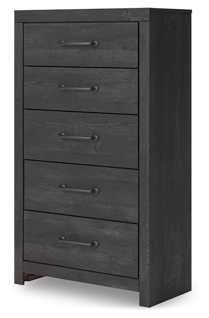 Hollivern Twin Panel Storage Bed, Dresser, Mirror and Chest, Dark Gray