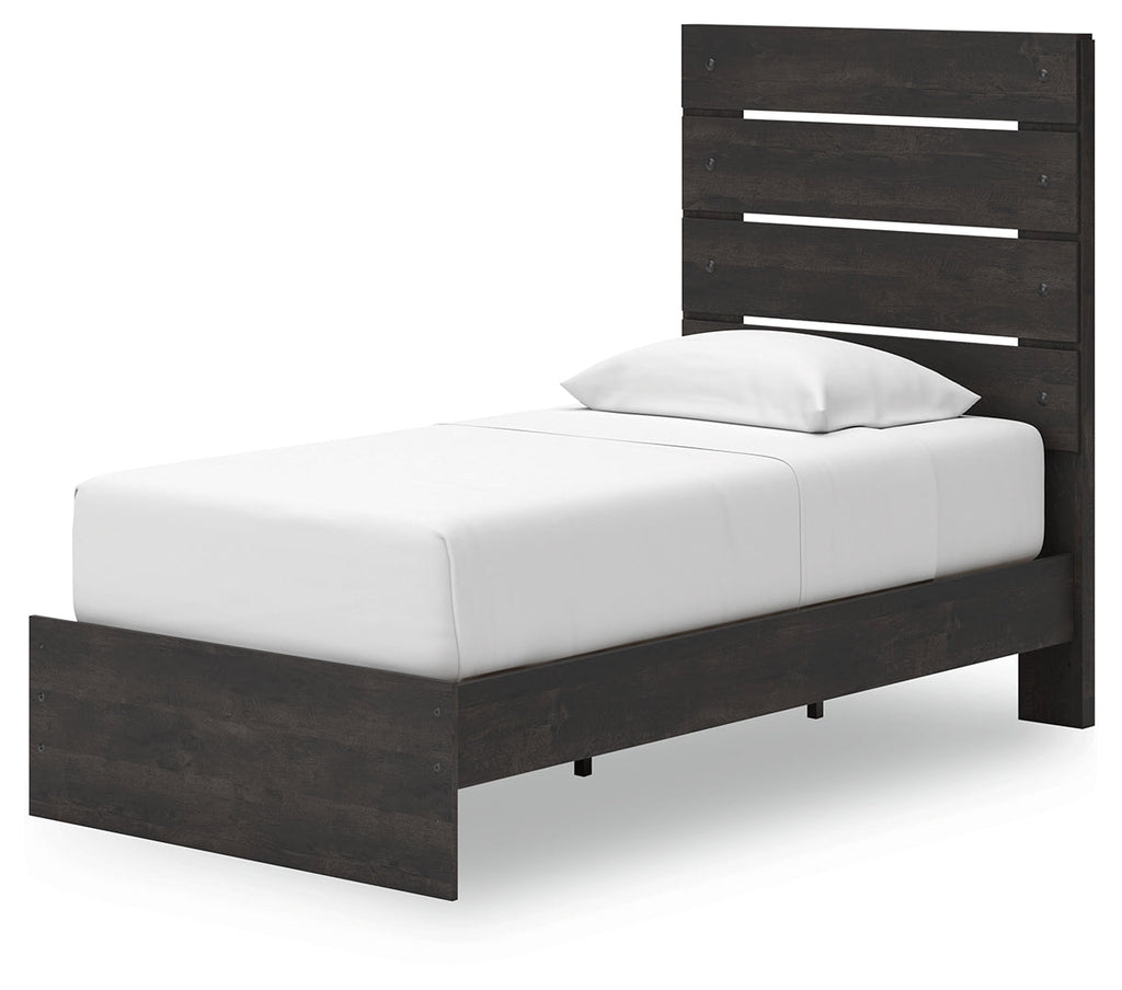 Hollivern Twin Panel Storage Bed, Dresser, Mirror and Chest, Dark Gray