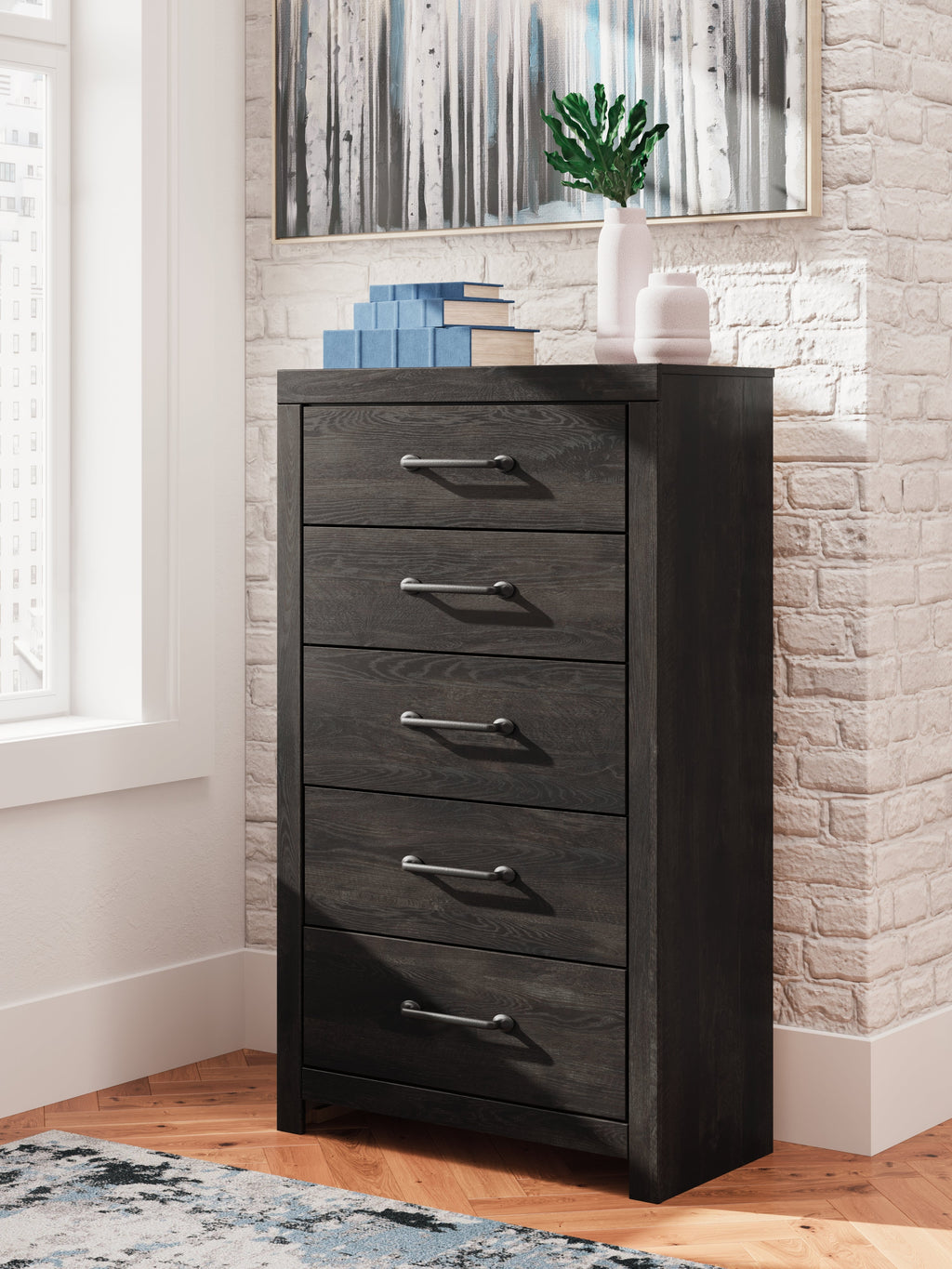 Hollivern Twin Panel Storage Bed, Dresser, Mirror and Chest, Dark Gray