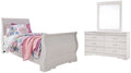 Anarasia White Twin Sleigh Bedroom Set with Dresser and Mirror