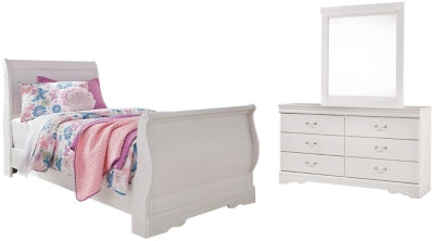 Anarasia White Twin Sleigh Bedroom Set with Dresser and Mirror