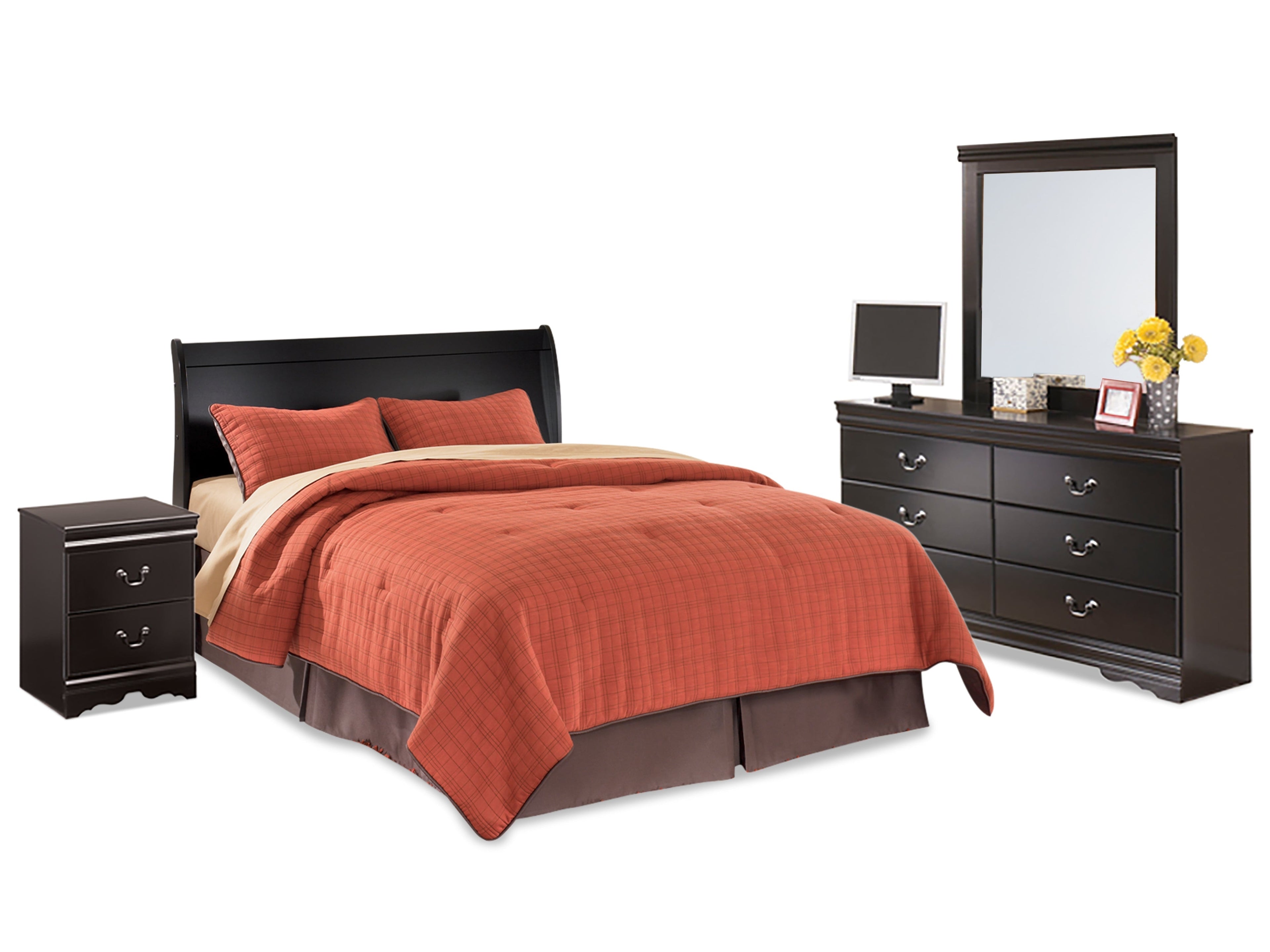 Huey Vineyard Queen Sleigh Headboard, Dresser, Mirror and Nightstand, Black