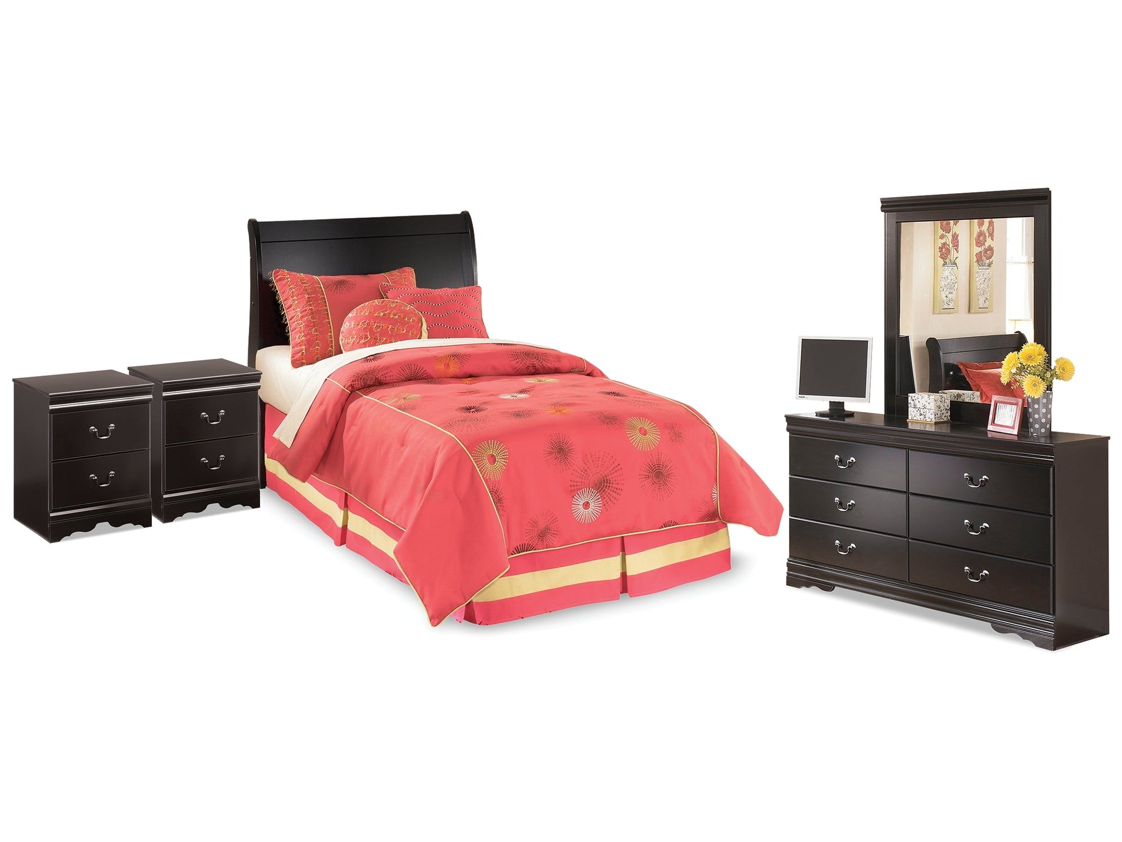 Huey Vineyard Twin Sleigh Headboard & Dresser & Mirror & 2 Nightstands