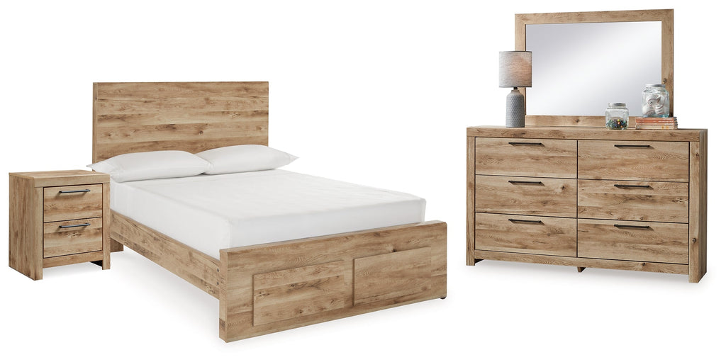 Hyanna Brown Full Storage Panel Bed, Dresser, Mirror and Nightstand, Tan
