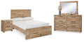 Hyanna Brown Full Storage Panel Bed, Dresser, Mirror and Nightstand, Tan