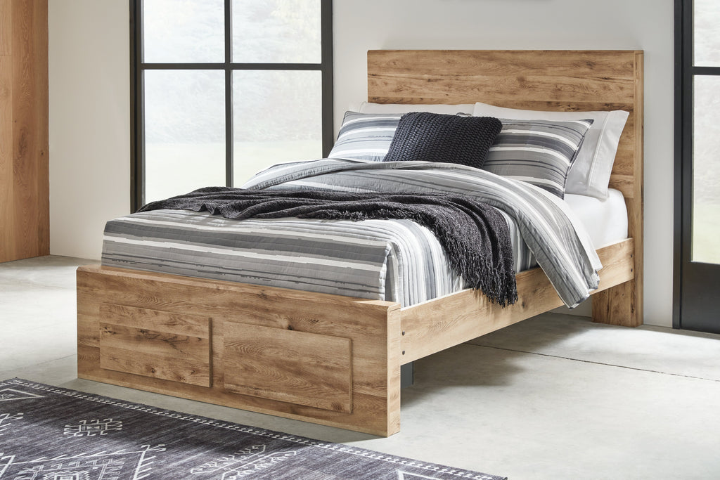 Hyanna Brown Full Storage Panel Bed, Dresser, Mirror and Nightstand, Tan