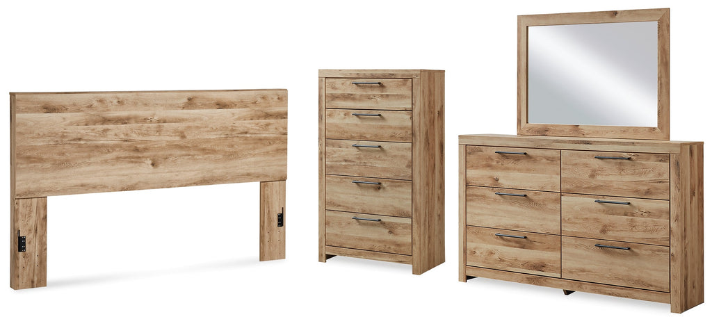 Hyanna Brown King Panel Headboard, Dresser, Mirror and Chest, Tan