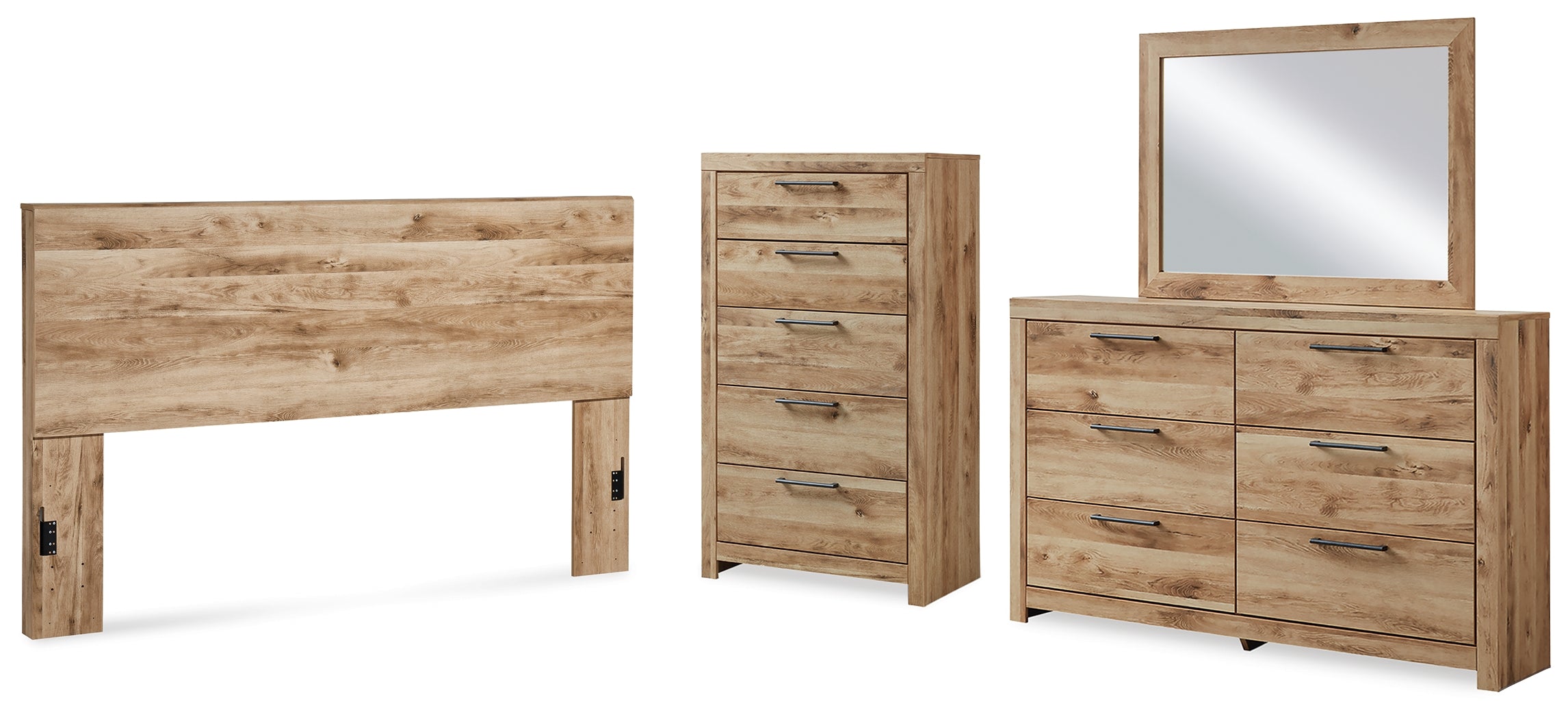 Hyanna Brown King Panel Headboard, Dresser, Mirror and Chest, Tan