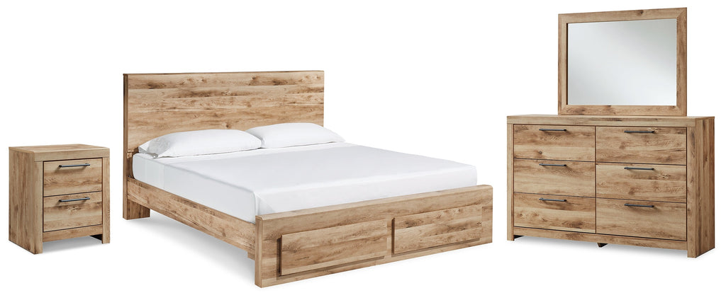 Hyanna Brown King Panel Storage Bed, Dresser, Mirror and Nightstand, Tan