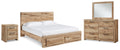 Hyanna Brown King Panel Storage Bed, Dresser, Mirror and Nightstand, Tan