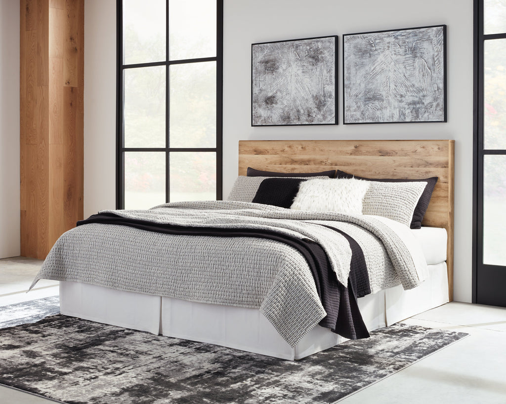Hyanna Brown King Panel Storage Bed, Dresser, Mirror and Nightstand, Tan
