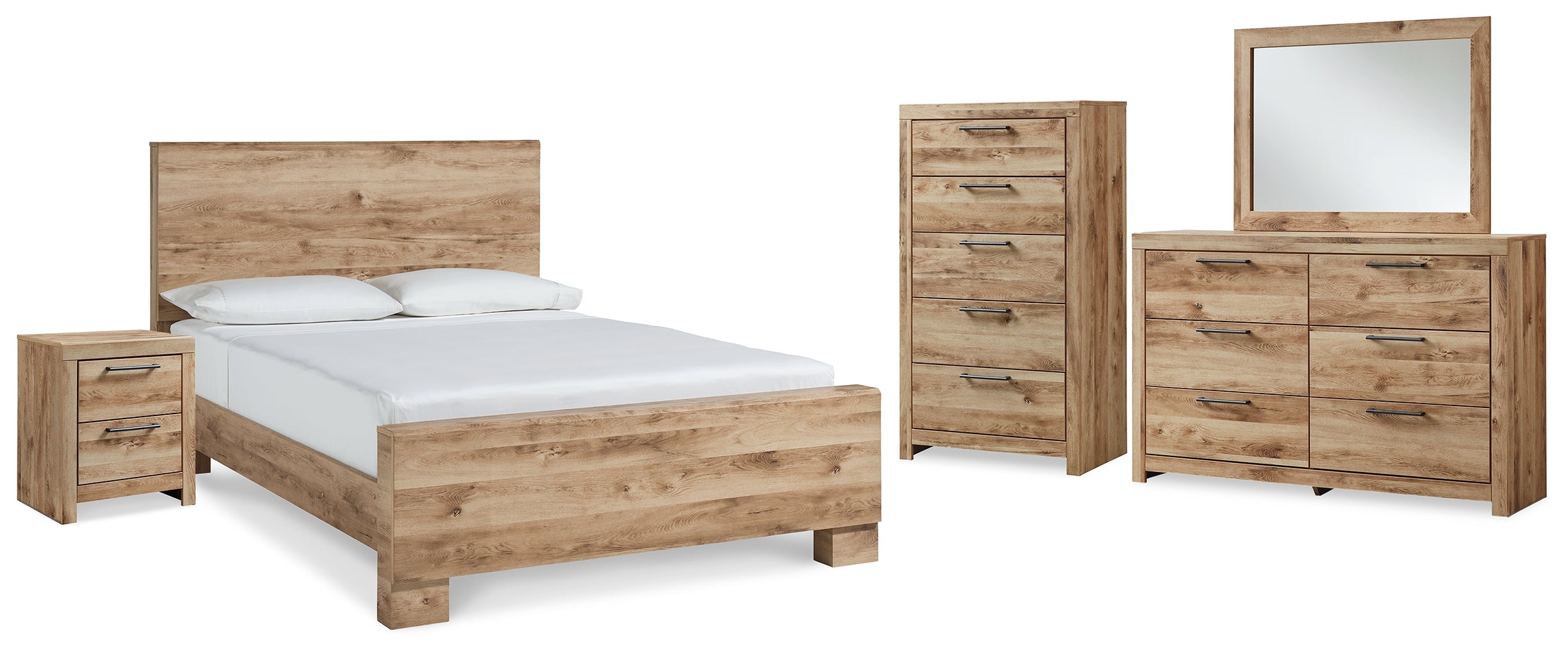 Hyanna Brown Queen Panel Bed, Dresser, Mirror, Chest and Nightstand, Tan