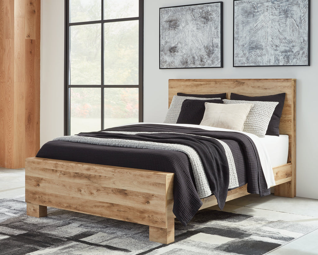 Hyanna Brown Queen Panel Bed, Dresser, Mirror, Chest and Nightstand, Tan