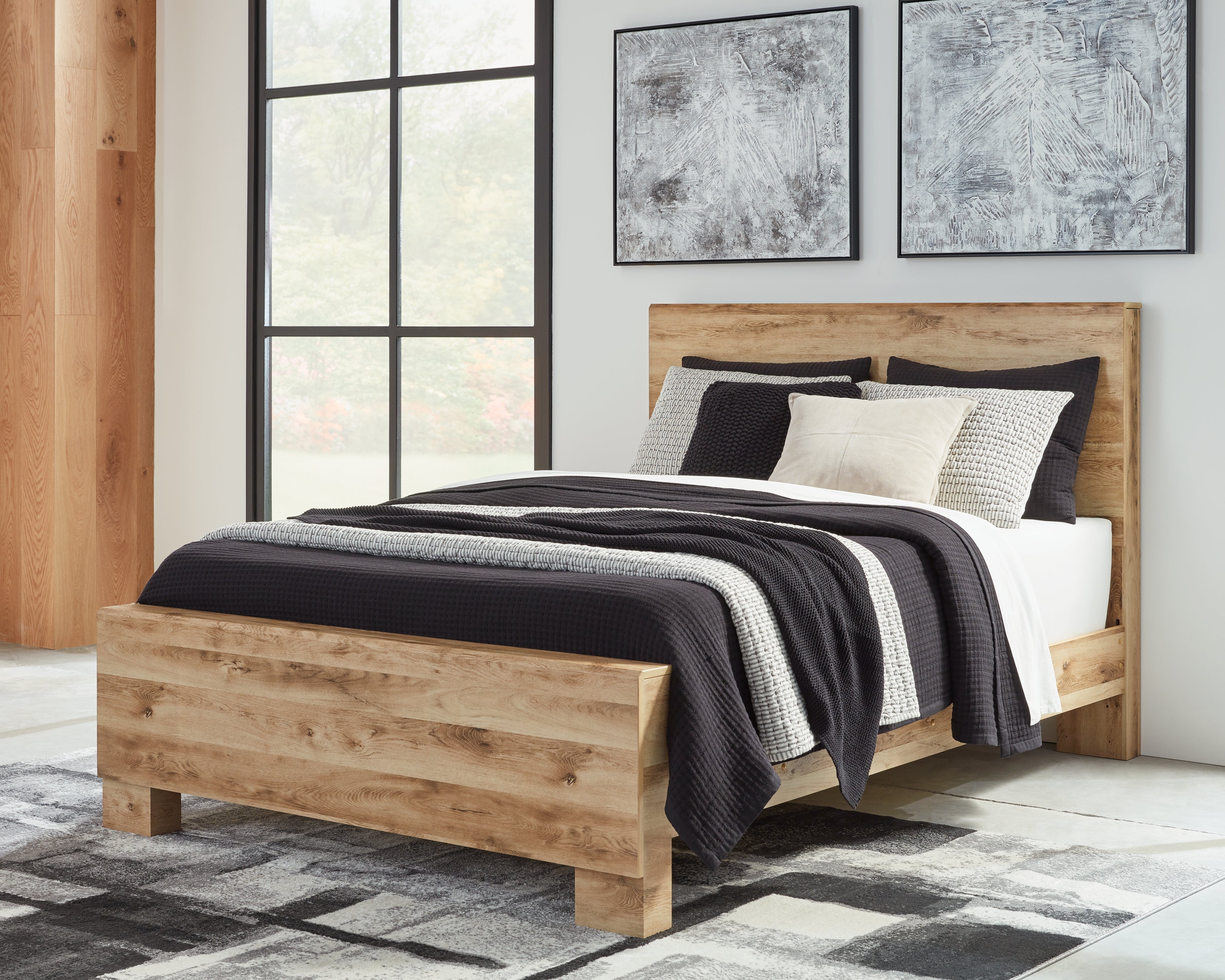 Hyanna Brown Queen Panel Bed, Dresser, Mirror, Chest and Nightstand, Tan