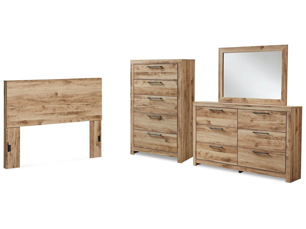 Hyanna Brown Queen Panel Headboard, Dresser, Mirror and Chest, Tan