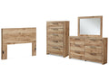 Hyanna Brown Queen Panel Headboard, Dresser, Mirror and Chest, Tan