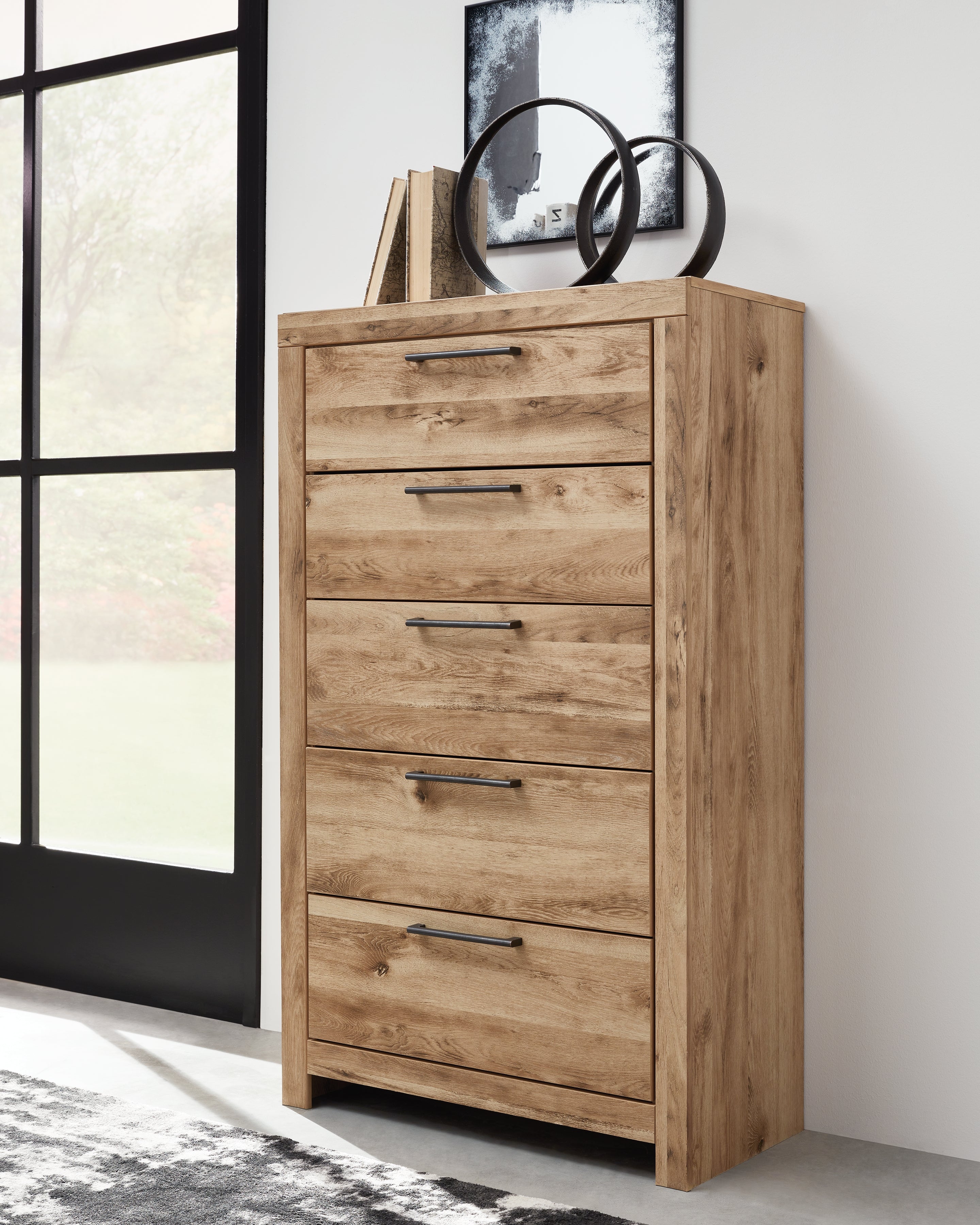 Hyanna Brown Queen Panel Headboard, Dresser, Mirror and Chest, Tan