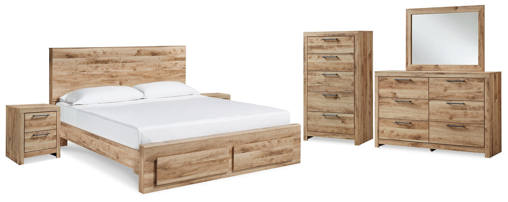 Hyanna Brown Queen Panel Storage Bed, Dresser, Mirror, Chest and 2 Nightstands, Tan