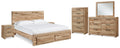 Hyanna Brown Queen Panel Storage Bed, Dresser, Mirror, Chest and 2 Nightstands, Tan