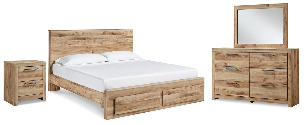 Hyanna Brown Queen Panel Storage Bed, Dresser, Mirror and Nightstand, Tan