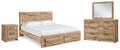 Hyanna Brown Queen Panel Storage Bed, Dresser, Mirror and Nightstand, Tan