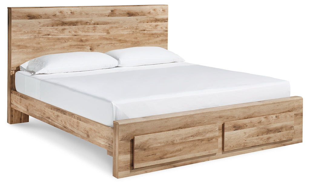 Hyanna Brown Queen Panel Storage Bed, Dresser, Mirror and Nightstand, Tan