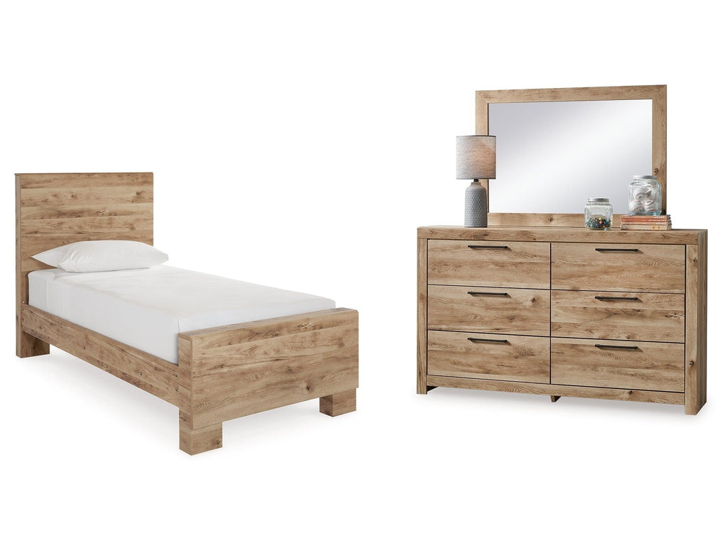 Hyanna Tan Brown Twin Panel Bedroom Set with Dresser and Mirror