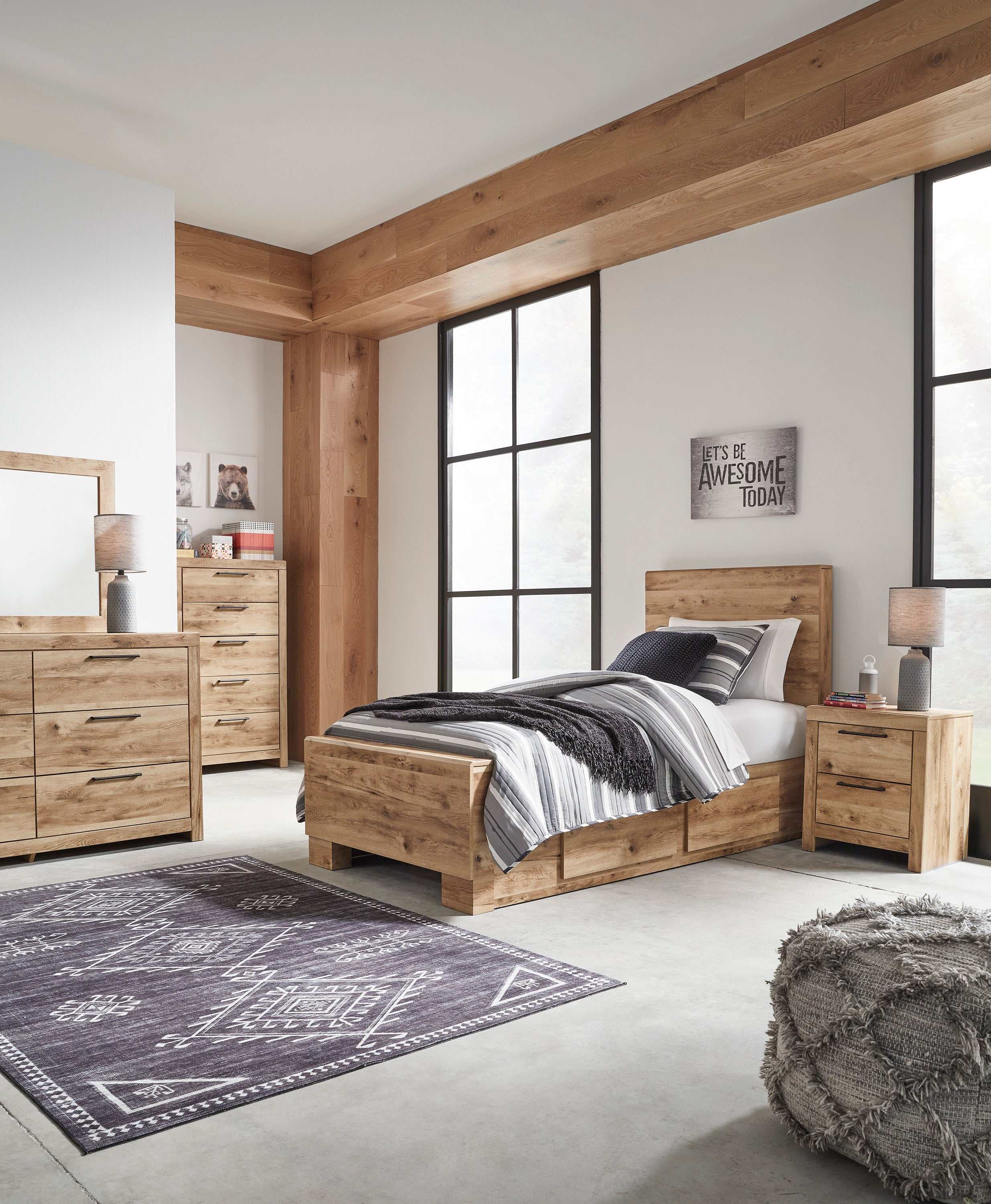 Hyanna Tan Brown Twin Youth Panel Bed with 1 Side Storage