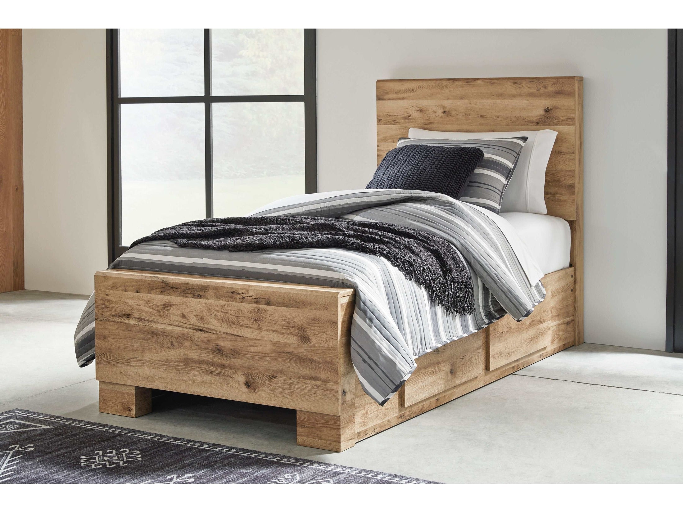 Hyanna Tan Brown Twin Youth Panel Bed with 1 Side Storage