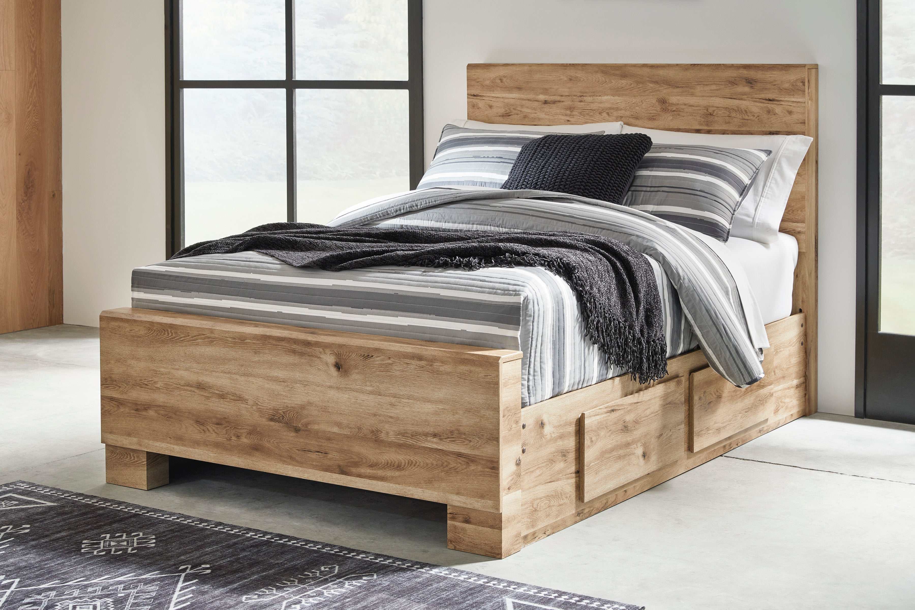 Hyanna Tan Brown Youth Full Youth Panel Bed with 1 Side Storage