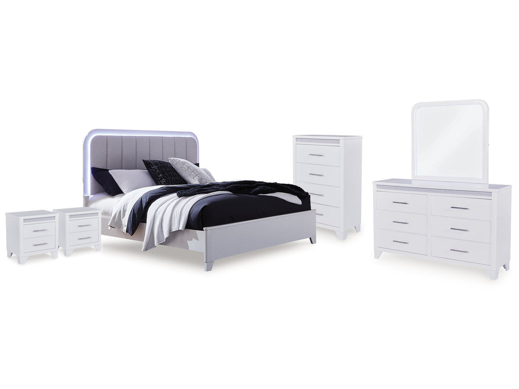 Jarlee Queen Upholstered Panel Bed, Dresser, Mirror, Chest and 2 Nightstands, White