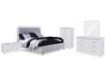 Jarlee Queen Upholstered Panel Bed, Dresser, Mirror, Chest and 2 Nightstands, White