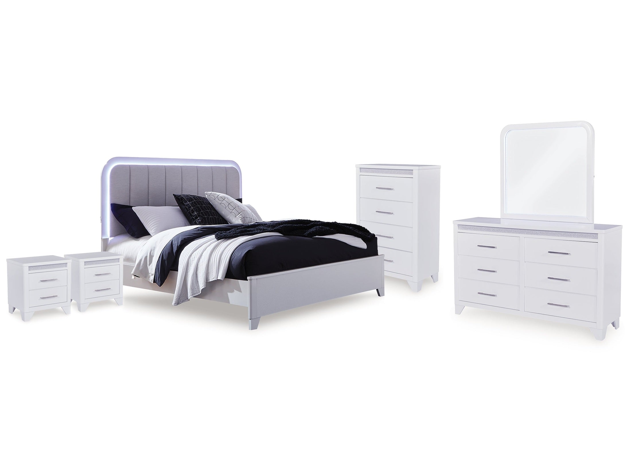 Jarlee Queen Upholstered Panel Bed, Dresser, Mirror, Chest and 2 Nightstands, White
