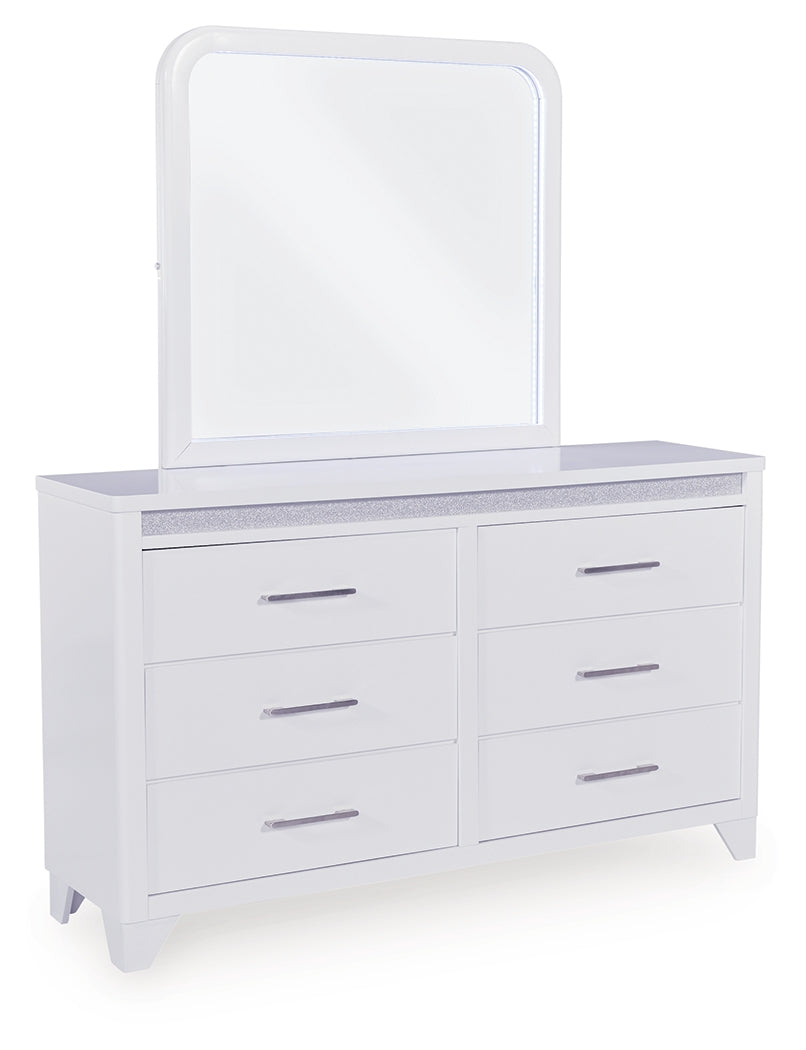 Jarlee Queen Upholstered Panel Bed, Dresser, Mirror, Chest and 2 Nightstands, White