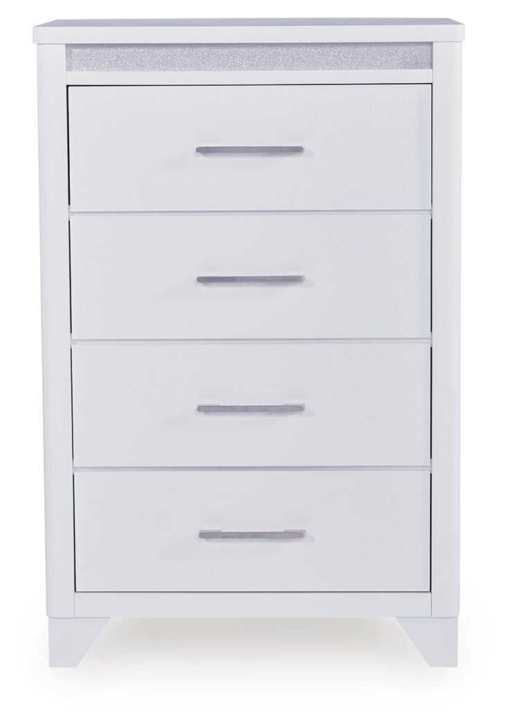 Jarlee Queen Upholstered Panel Bed, Dresser, Mirror, Chest and 2 Nightstands, White
