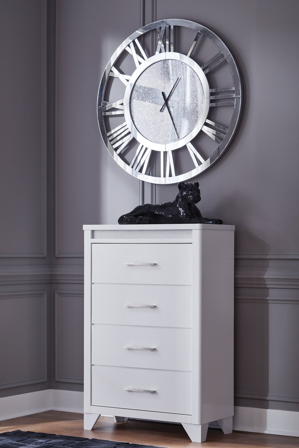 Jarlee Queen Upholstered Panel Bed, Dresser, Mirror, Chest and 2 Nightstands, White