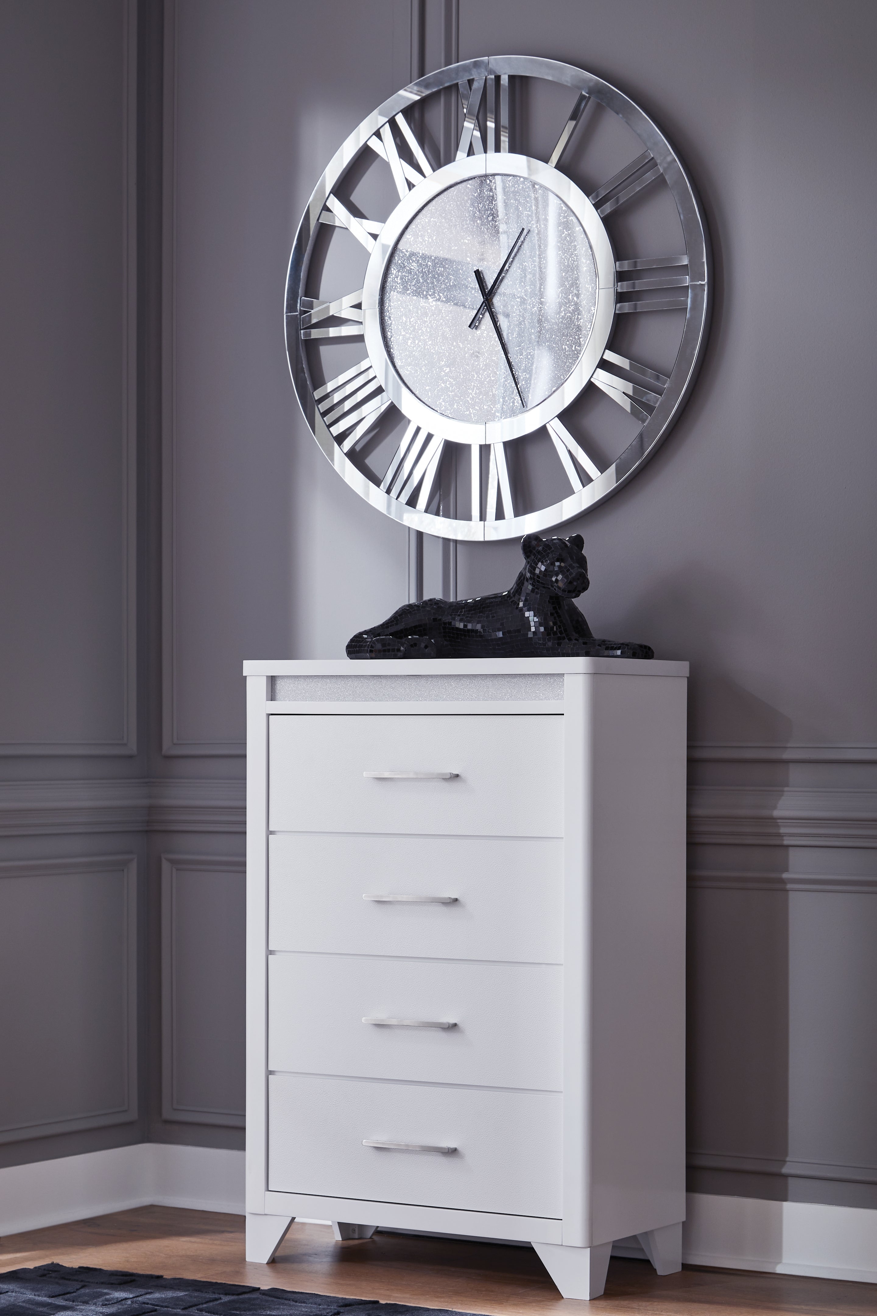 Jarlee Queen Upholstered Panel Bed, Dresser, Mirror, Chest and 2 Nightstands, White
