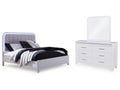 Jarlee White Queen Upholstered Panel Bed, Dresser and Mirror