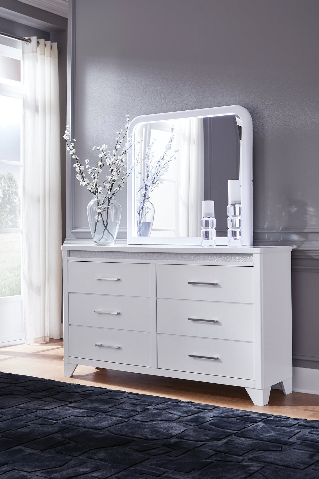 Jarlee White Queen Upholstered Panel Bed, Dresser and Mirror
