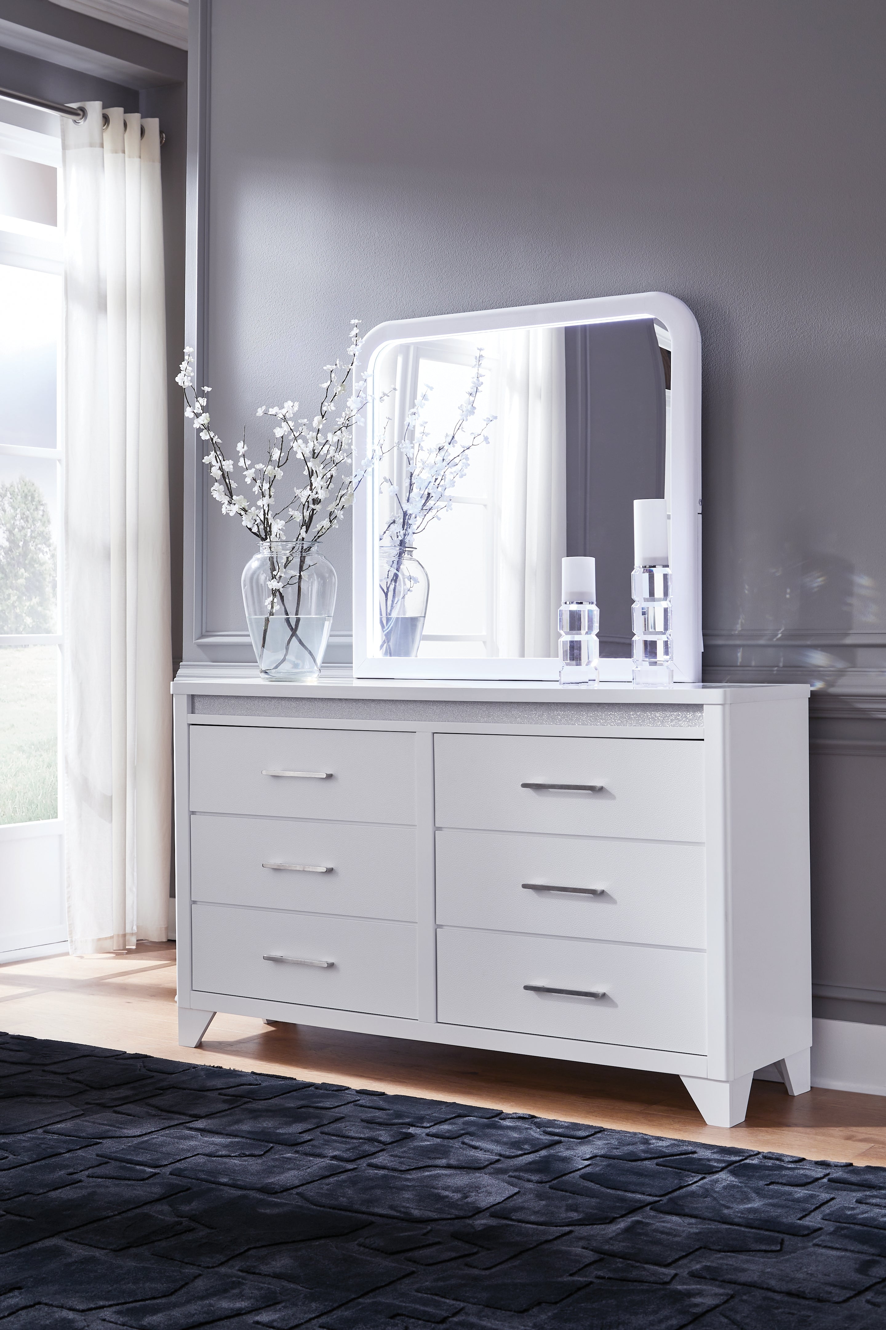 Jarlee White Queen Upholstered Panel Bed, Dresser and Mirror