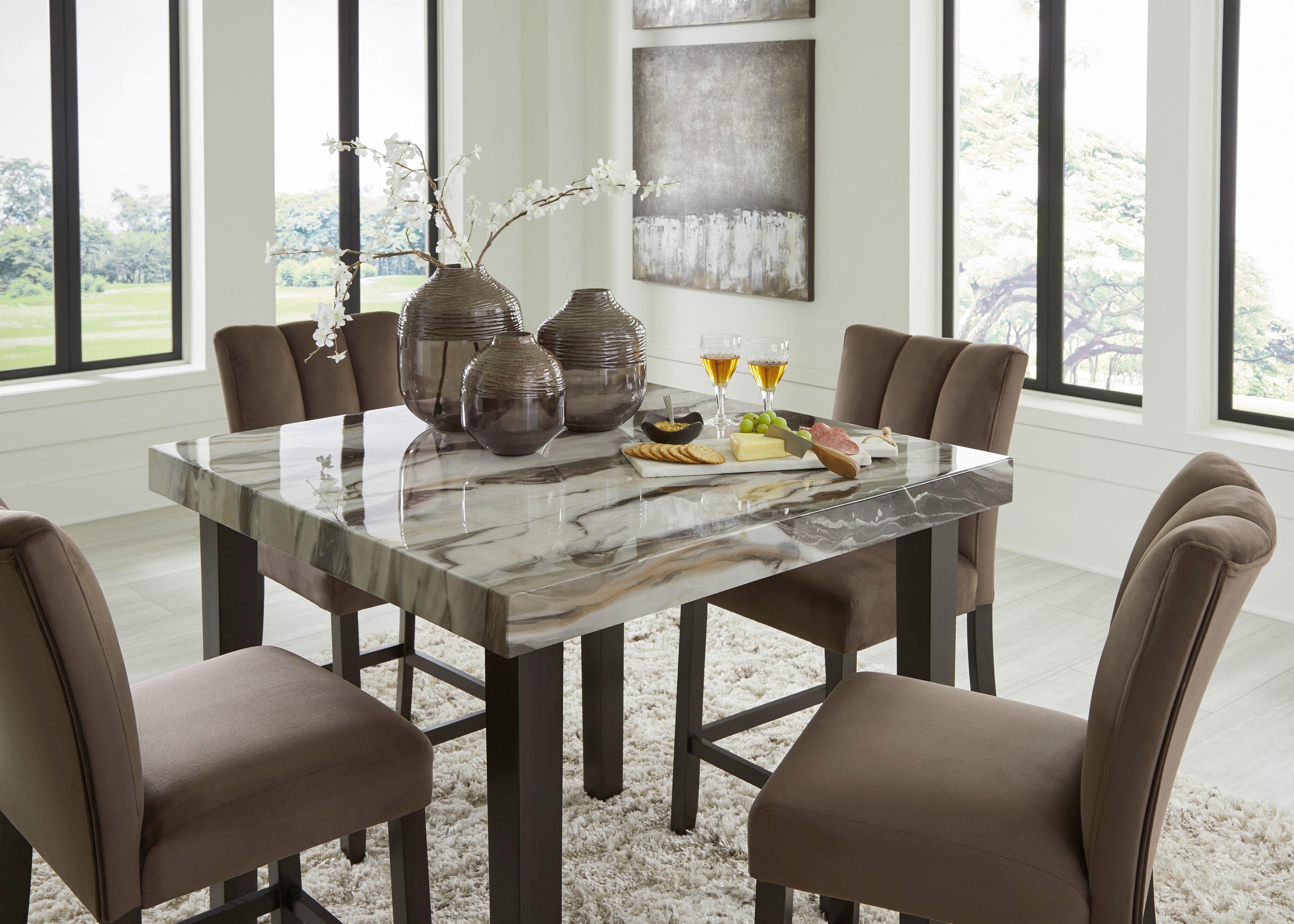Jeshina /Beige/Mocha Counter Height Dining Table and 4 Barstools, Dark Brown