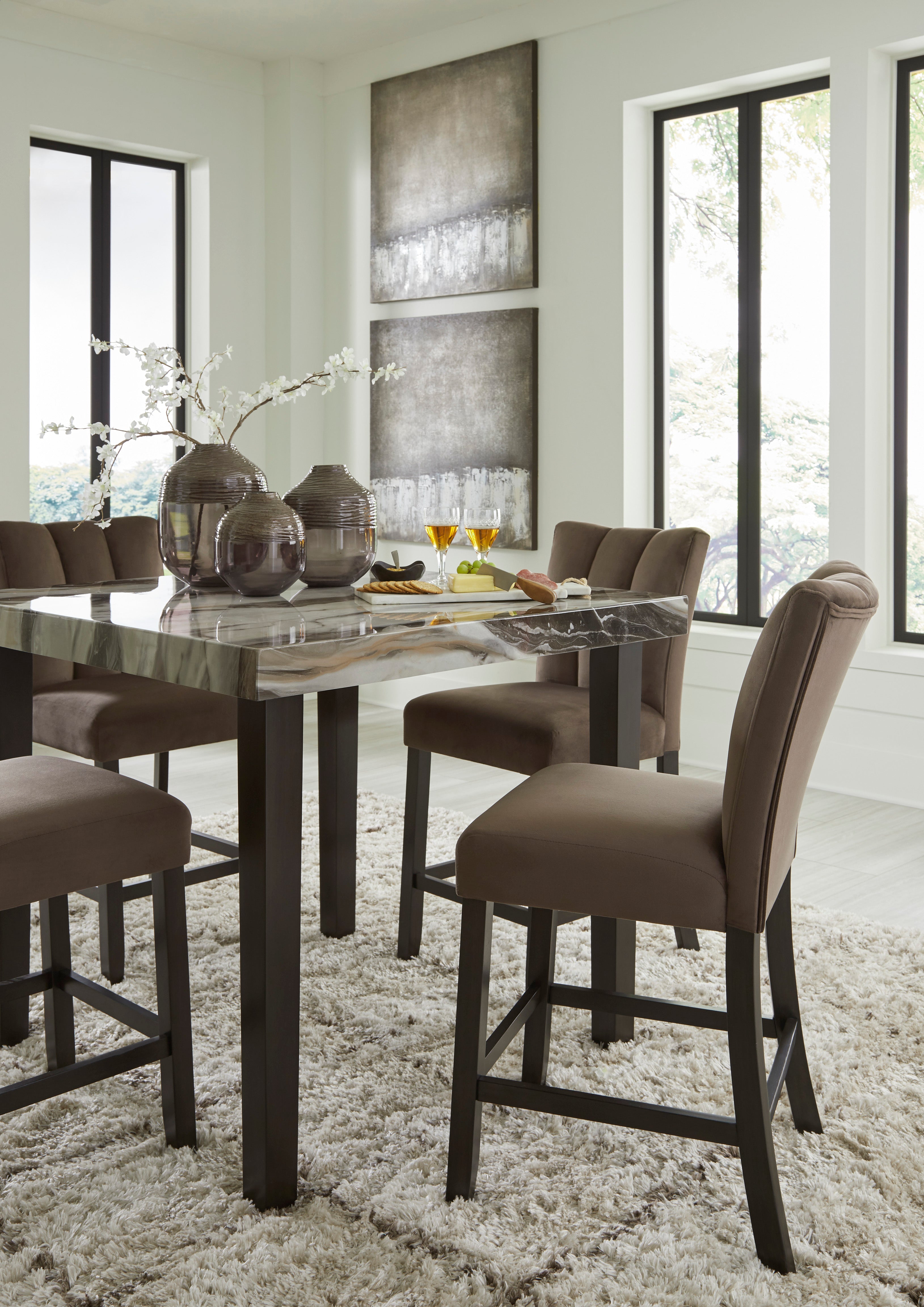 Jeshina /Beige/Mocha Counter Height Dining Table and 6 Barstools, Dark Brown