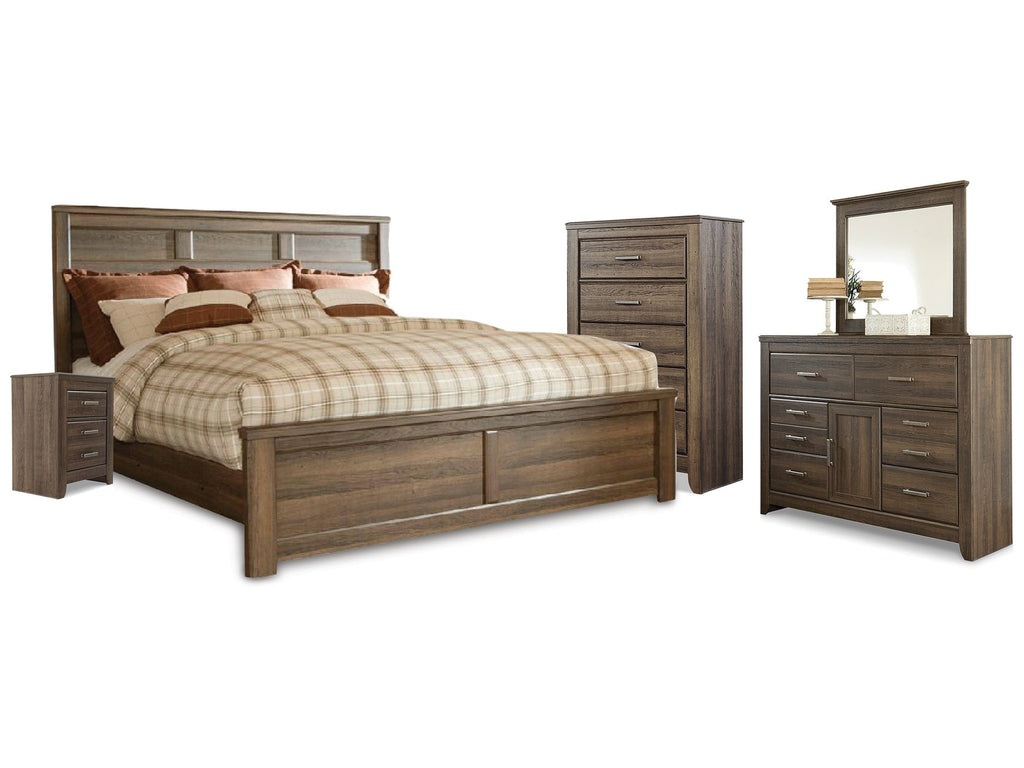 Juararo California King Panel Bed, Dresser, Mirror, Chest and Nightstand, Dark Brown