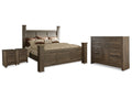Juararo California King Poster Bed, Dresser and 2 Nightstands, Dark Brown